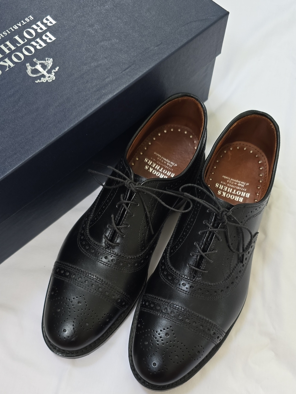 Mens Brooks Brothers Black Leather Cap-Toe Brogue Oxfords Size 7.5
